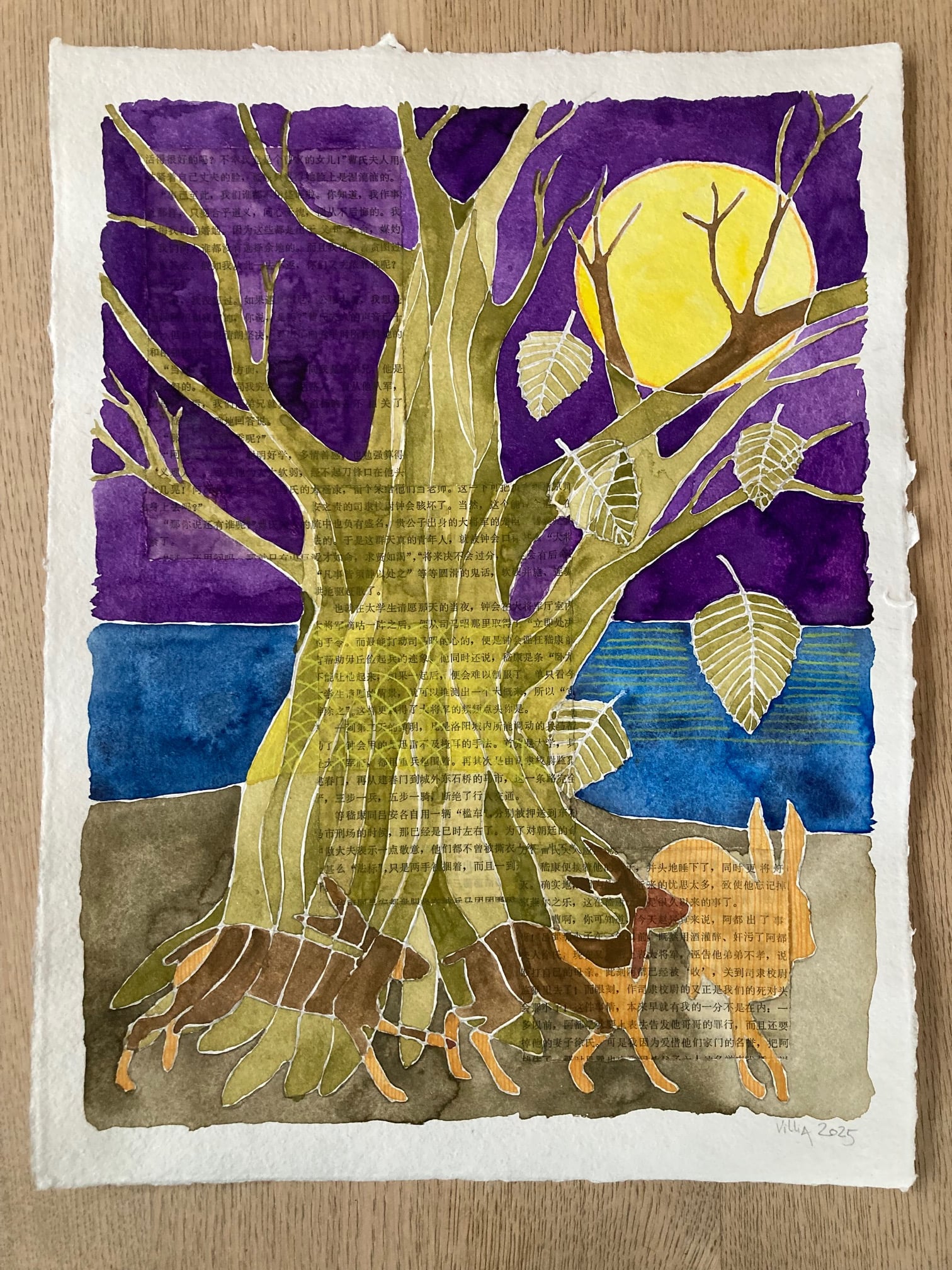 Måneskin, den brede bøg ved salten østerstrand 2025, 30x40 cm, handmade paper, Aquiari 270 gr.