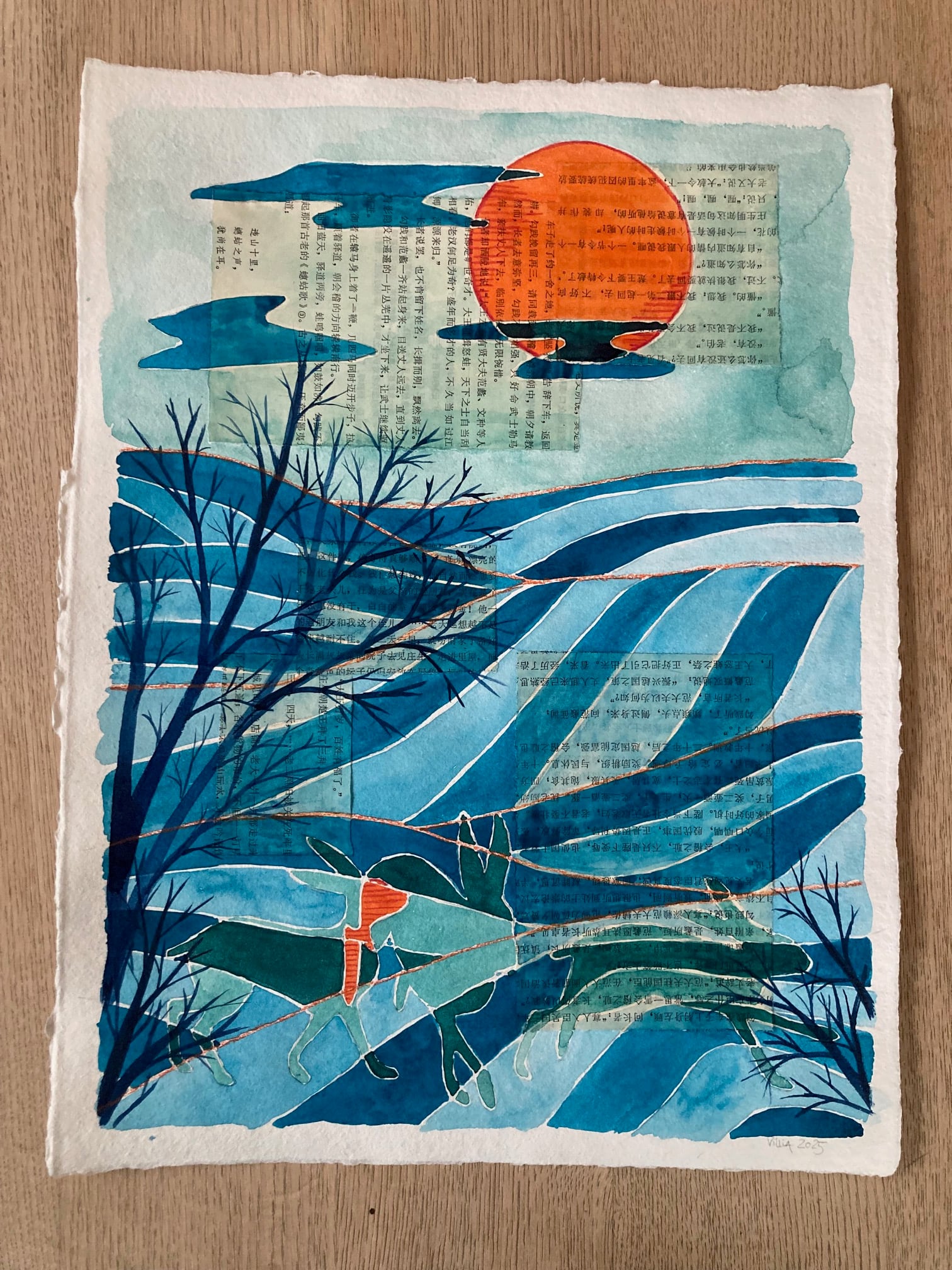 Vinter kulturlandskab 2025, 30x40 cm, handmade paper, Aquiari 270 gr.